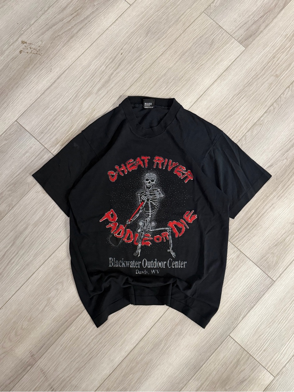 Vintage 1980’s Single Stitch Black Water Outdoor in Davis WV Paddle or Die Shirt
